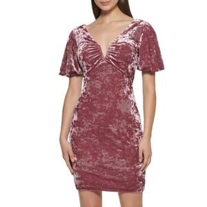 Guess Crushed Velvet Dress Puff Sleeve V-Neck Cocktail Bodycon Mini Mauve Pink 6